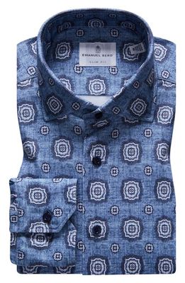 Emanuel Berg 4Flex Modern Fit Print Knit Button-Up Shirt in Medium Blue