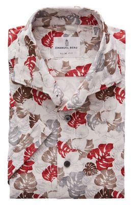 Emanuel Berg Botanical Short Sleeve Knit Button-Up Shirt in Red Multi