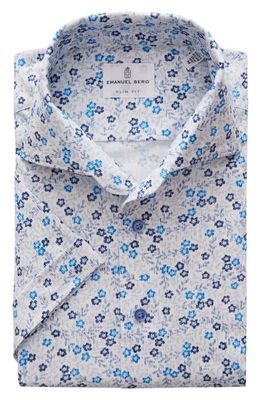 Emanuel Berg Floral Short Sleeve Knit Button-Up Shirt in Bright Blue 