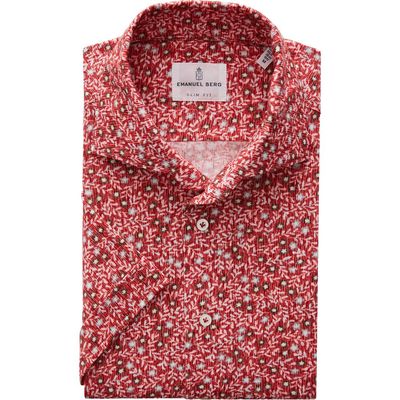 Emanuel Berg Floral Short Sleeve Knit Button-Up Shirt in Medium Red 