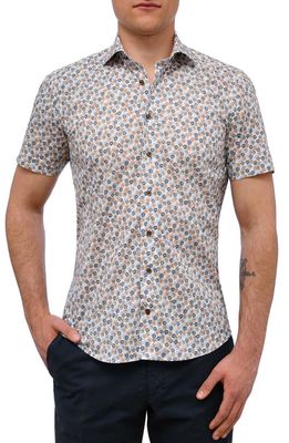 Emanuel Berg Floral Stretch Short Sleeve Button-Up Shirt in White/Blue-Brown Floral