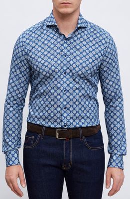 Emanuel Berg Medallion Print Dobby Button-Up Shirt in Dark Blue