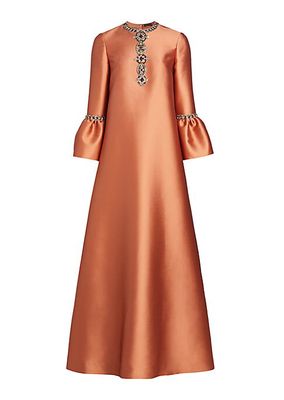 Embellished Bell-Sleeve Mikado Satin Gown