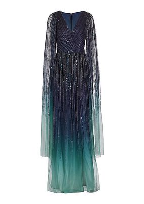 Embellished Chiffon Cape-Sleeve Gown