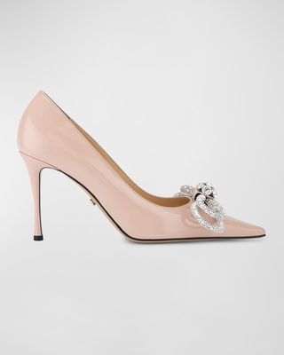Embellished Double Bow Patent Leather Pumps