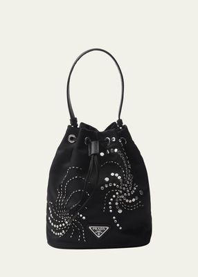 Embellished Drawstring Nylon Bucket Bag
