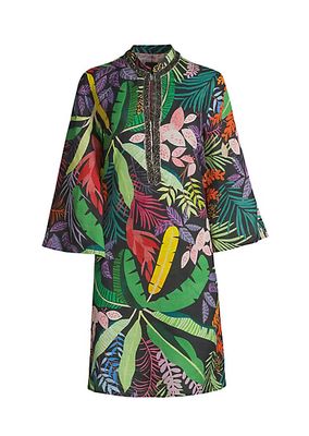 Embellished Jungle-Print Linen Dress