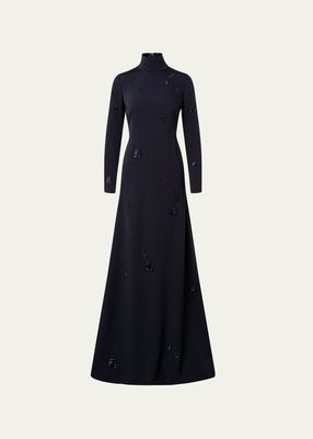 Embellished Long-Sleeve Godet-Back Gown