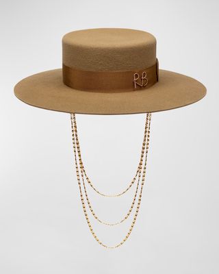 Embellished Monogram Felt Boater Hat