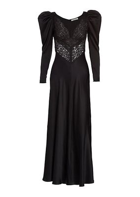 Embellished Satin Puff-Sleeve Gown