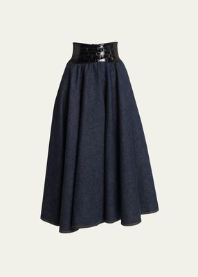 Embossed Leather Belted Denim Flared Midi Skirt