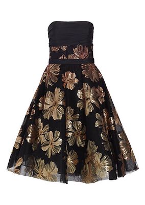 Embroidered & Sequined Metallic Floral Tulle Cocktail Dress