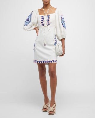 Embroidered Cotton Puff-Sleeve Halter Mini Dress