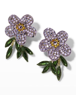 Embroidered Crystal Flower Clip Earrings