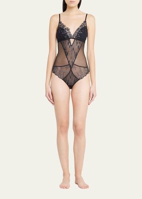 Embroidered Cutout Mesh Bodysuit