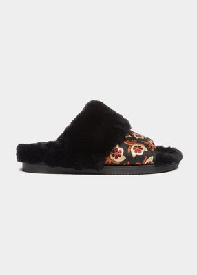 Embroidered Faux Fur Winter Slides