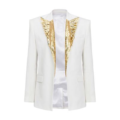 Embroidered gold feather blazer