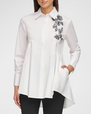 Embroidered High-Low Cotton Poplin Tunic