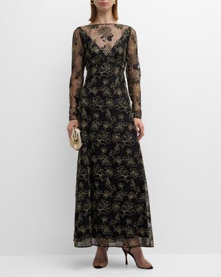 Embroidered Lace Long-Sleeve Illusion Maxi Dress