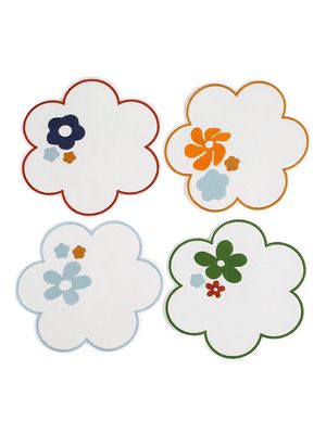 Embroidered Linen 4-Piece Coaster Set - Floral - Floral