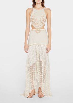 Embroidered Linen Lace-Trim Maxi Dress