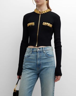 Embroidered Rib-Knit Zip-Front Crop Cardigan