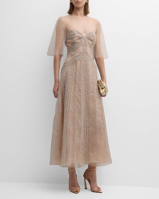 Embroidered Short-Sleeve Glitter Tulle Illusion Midi Dress
