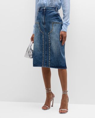 Embroidered Stone-Washed Denim Skirt