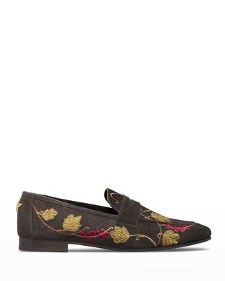 Embroidered Suede Penny Loafers