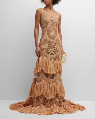 Embroidered Tiered Raffia Fringe Gown