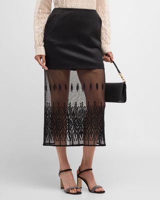 Embroidered Tulle & Wool Twill Midi Skirt