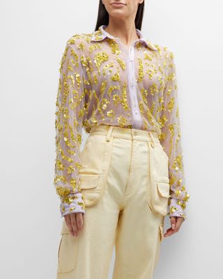 Embroidered Tulle Button-Front Shirt