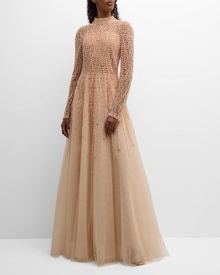 Embroidered Tulle Gown with Ombre Beading