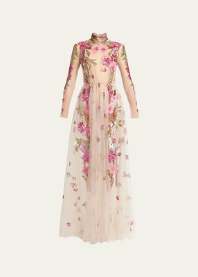 Embroidered Tulle Illusion Gown with Floral Details