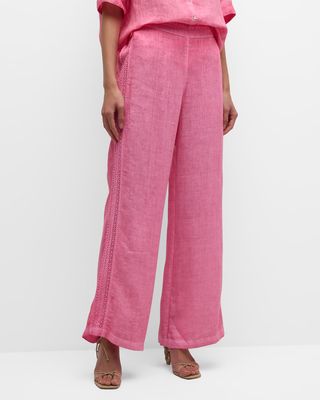 Embroidered Wide-Leg Linen Pants