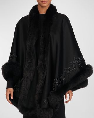 Embroidered Wool and Cashmere Capelet with Lamb Trim