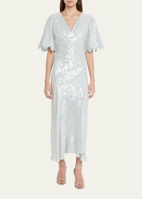 Emeline Sequin Scallop-Sleeve Midi Dress