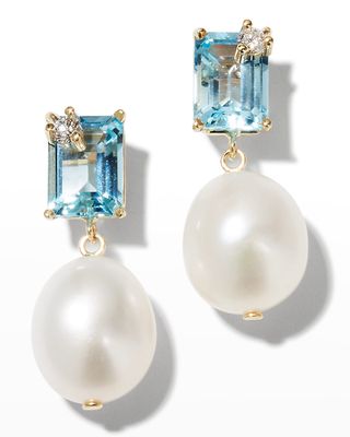 Emerald-Cut Blut Topaz, Diamond and Pearl Earrings