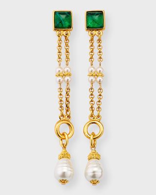 Emerald Glass and Pearly Drop Earrings