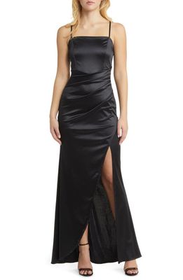 Emerald Sundae Ruched Satin Gown in Black