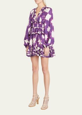 Emery Blouson-Sleeve Shibori Silk Mini Dress