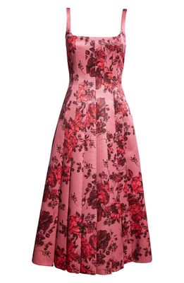 Emilia Wickstead Adele Rose Print Pleated Taffeta Faille Fit & Flare Midi Dress in Mauve Pink Festive Bouquet