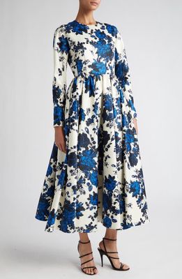 Emilia Wickstead Annie Floral Long Sleeve Taffeta Faille A-Line Dress in Blue Festive Bouquet