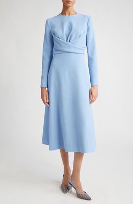 Emilia Wickstead Elta Wrap Front Long Sleeve Double Crepe Midi Dress in Celeste Blue