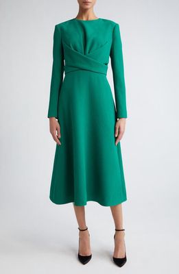 Emilia Wickstead Elta Wrap Front Long Sleeve Double Crepe Midi Dress in Jade Green