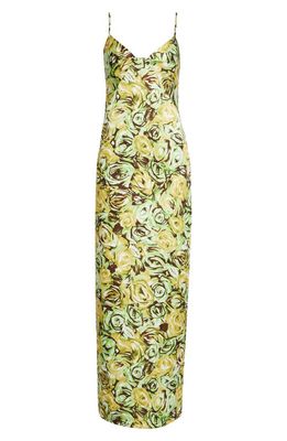 Emilia Wickstead Faith Floral Print Maxi Slipdress in Abstract Roses Green/lemon