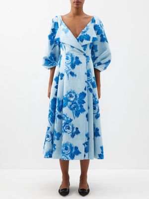 Emilia Wickstead - Gabby Balloon-sleeve Rose-print Faille Midi Dress - Womens - Blue Print