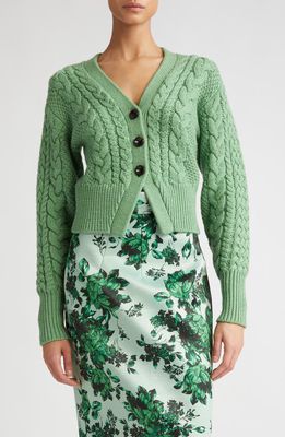 Emilia Wickstead Jacks Cable Knit Wool V-Neck Cardigan in Green Melange