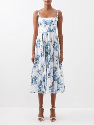 Emilia Wickstead - Mona Square-neck Floral-print Cotton Midi Dress - Womens - Blue Print
