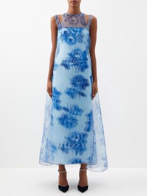 Emilia Wickstead - Selina Tulle-overlay Rose-print Satin Dress - Womens - Blue Print